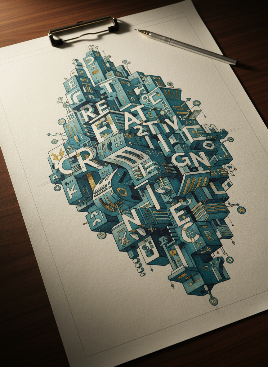 An intricate editorial illustration printed on a large, unframed sheet of slightly textured off-white paper, placed on a dark walnut drawing table. The artwork depicts an imaginative architectural cityscape made of interlocking typographic forms and stylized icons, rendered in a limited palette of deep teal, gold, and soft ivory. Thin pencil guidelines are faintly visible near the margins, hinting at the creative process. A metal binder clip and a precision mechanical pencil rest quietly at the top edge. Warm, directional golden-hour light enters from the left, grazing the paper surface and carving out delicate relief in the ink. Photographic realism, shot at eye level across the table’s surface, with a gentle vignette that enhances a contemplative, sophisticated mood.